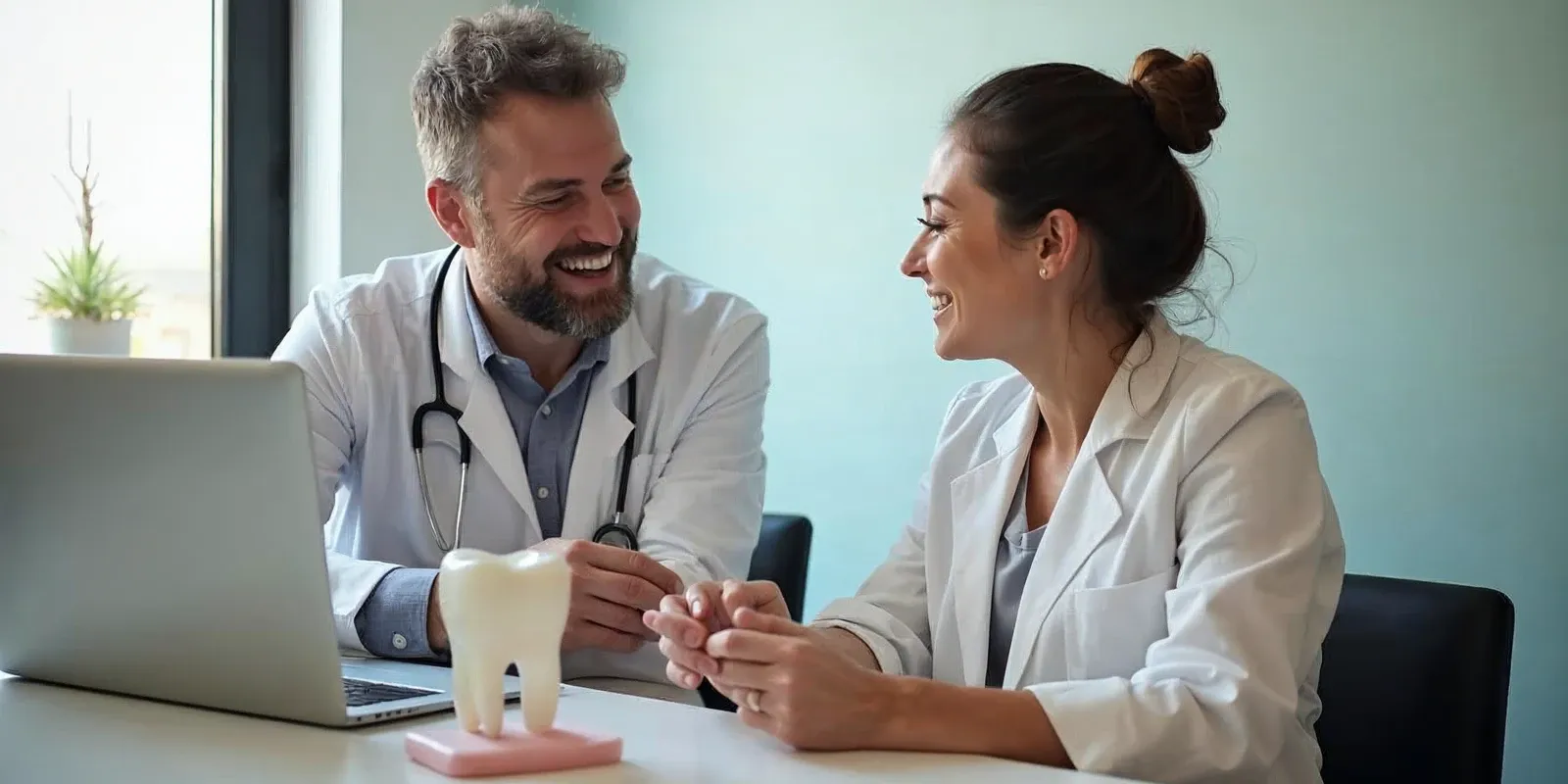 A friendly dentist talks with an adult patient in a bright Concord treatment room, both seated and relaxed beside a laptop