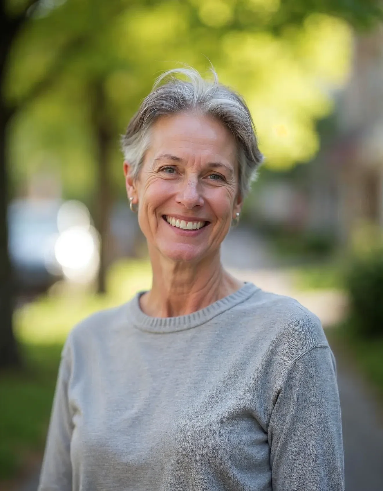 A middle-aged Concord patient stands outdoors near a shaded neighborhood walkway, smiling naturally in the afternoon light,